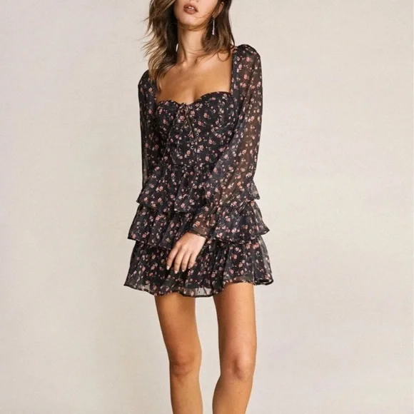 Dresses | Nwt Black Floral Print Laceup Tiered Mini Dress | Poshmark Dresses | Nwt Black Floral Print Laceup Tiered Mini Dress | Poshmark